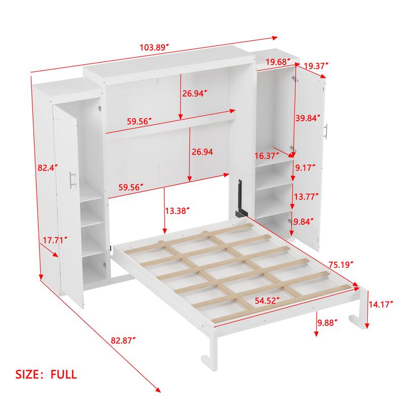 Murphy Bed with Wardrobe and Storage Shelf, Multifunctional Foldable Platform Bedframe