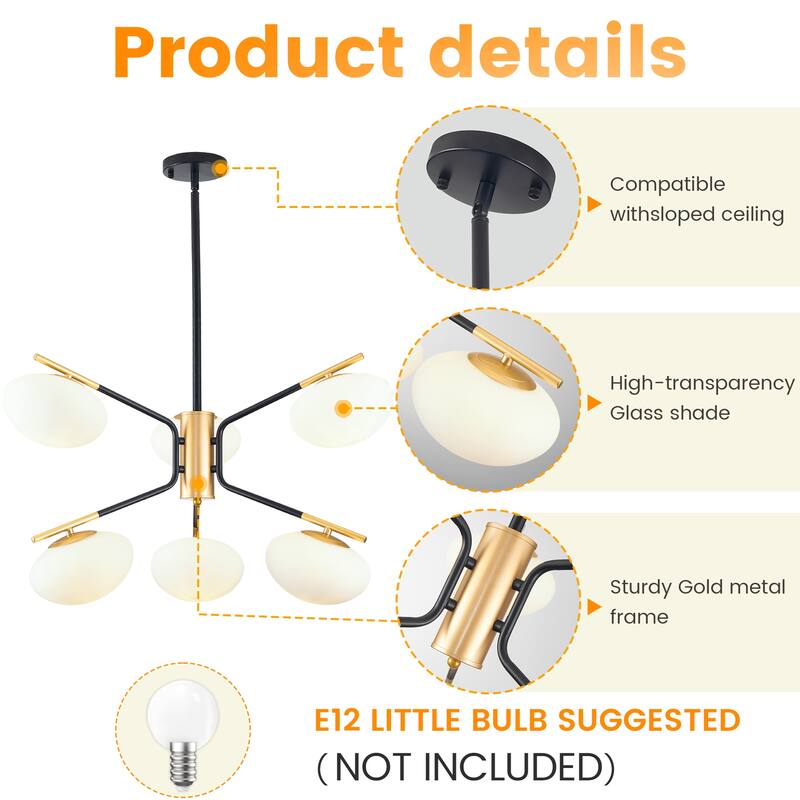 Black Modern Chandelier, 6-LightPendant Light with Glass Shade