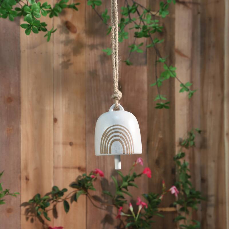Sagebrook Home Hanging Bell Decorative Wind Chime White and Beige Circle Design Outdoor or Indoor