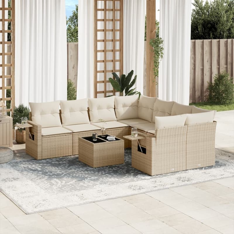 vidaXL Patio Sofa Set with Cushions Outdoor Furniture 9 Piece Poly Rattan - Beige - 24.4 x 33.5 x 27.2