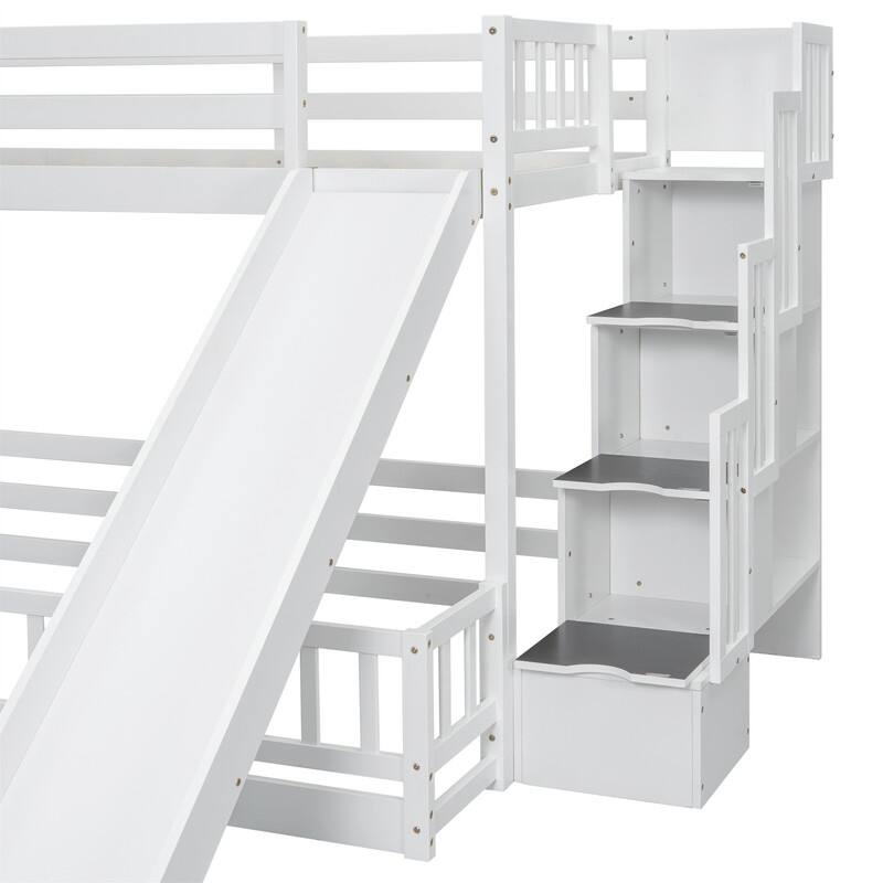Twin Over Full Multifunctional Kids Bunk Bed Frame with Slide, Wooden Loft Bed with Storage Staircase and Guardrails