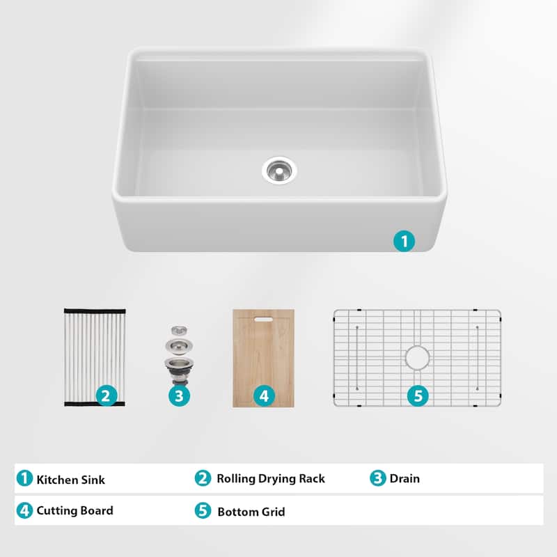 30" White Farmhouse Kitchen Sink Workstation - White Porcelain Ceramic Sngle Bowl Kitchen Sink