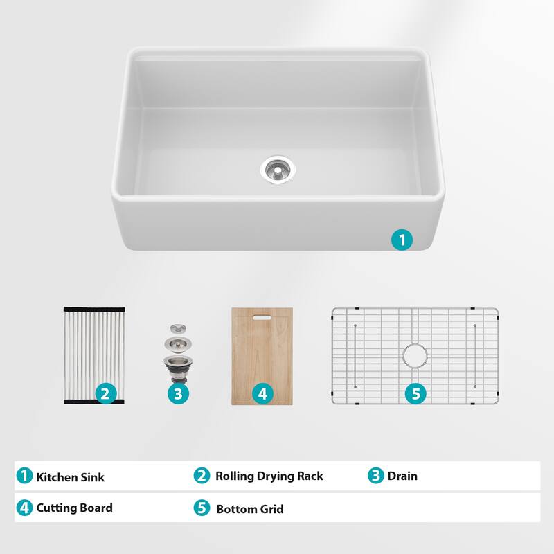 33" White Farmhouse Kitchen Sink Workstation - 33 x 20 x 10 inch White Porcelain Ceramic Sngle Bowl Kitchen Sink