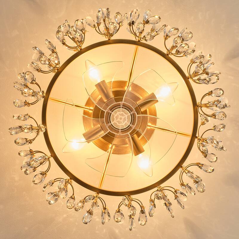 23" Contemporary Gold 4-Light Crystal Low-Profile Flush Mount Ceiling Fan with Remote