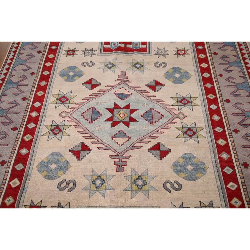Geometric Kazak Rug Hand-Knotted Dining Room Wool Carpet - 6'0" x 8'2"