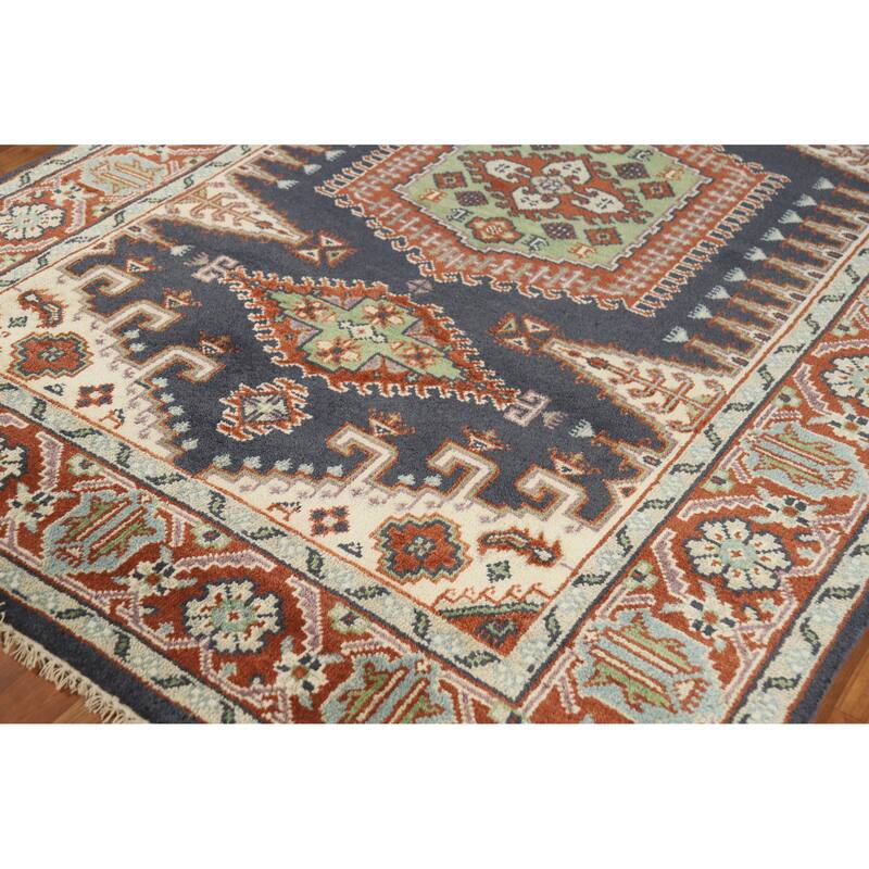 Blue Geometric Viss Indian Area Rug Hand-Knotted Wool Carpet - 6'0" x 8'9"