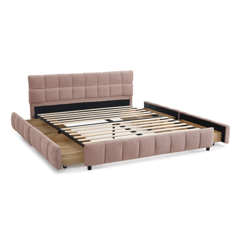 Queen Size Upholstered Bed with Storage Drawers, Soft Chenille Fabric Frame, Modern Platform Bed with Headboard