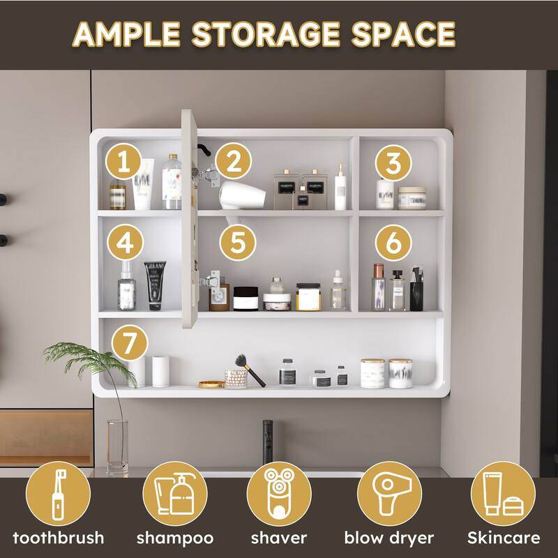 Aluminium Medicine Cabinet Mirror, 35 x 28 Inches Medicine Cabinet with 3 Colors LED Light and Defogging Function