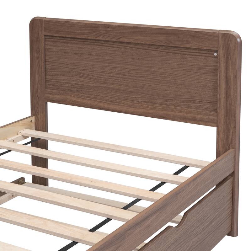 Brown Twin Platform Bed Frame in Solid Wood with Trundle and Modern Wood Headboard