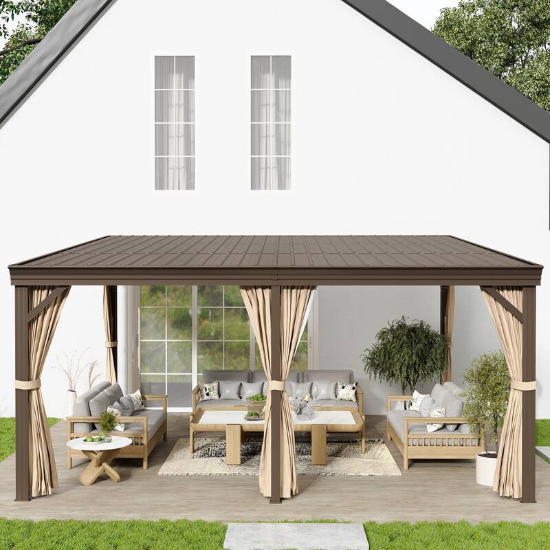 12x16 ft Rectangle Gazebo Sloping Galvanized Steel Roof Hardtop Gazebo with Curtains and Netting