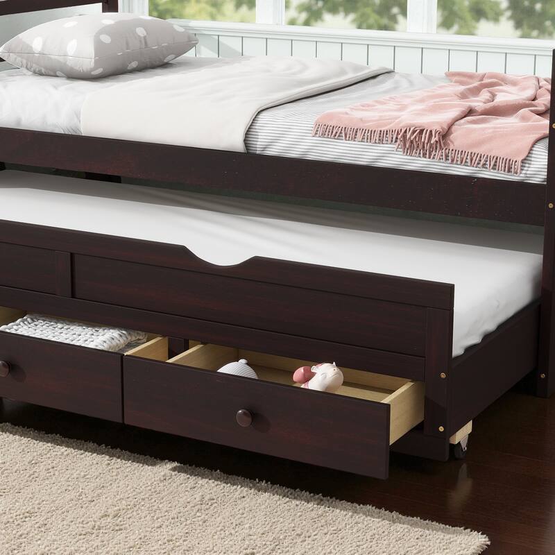 Twin Size Bed with Headboard, Footboard, Trundle, and Three Storage Drawers, Solid Pine Wood Twin Bed Frame with Storage