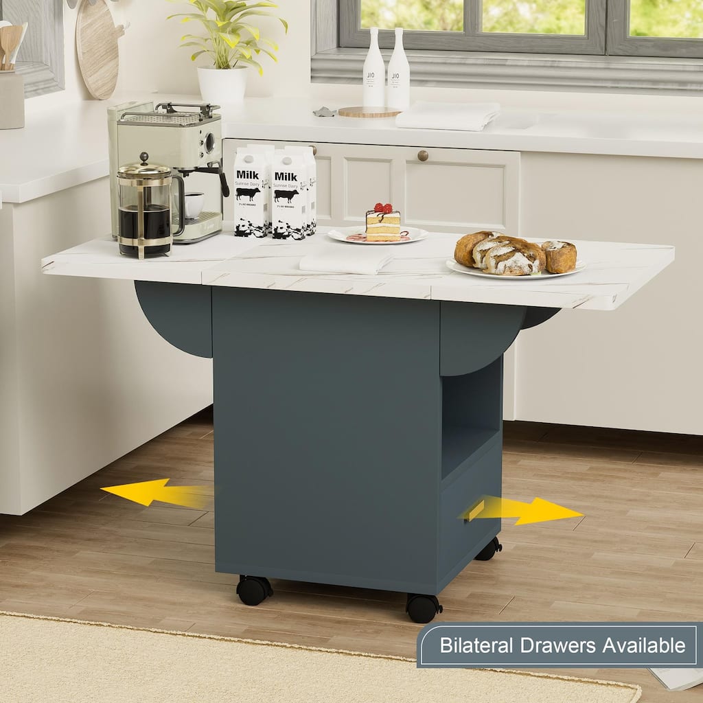 Movable Extendable Kitchen Table with Storage Rack and 1 Drawers, Wood Folding Dining Table with Marble Texture Top