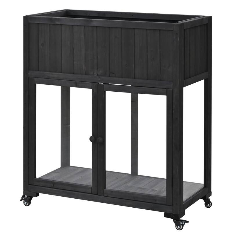 Mini Wood Cold Frame, 2 Doors Garden Greenhouse with Wheels