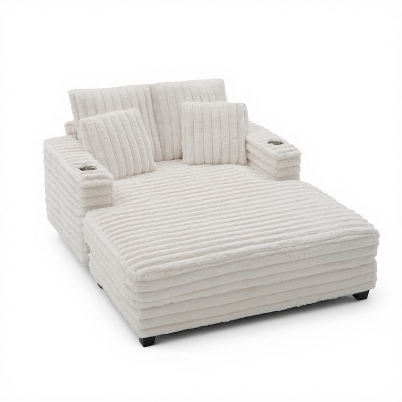 Modern Cream Faux Rabbit Fur Single Chaise Lounge with 2 Cup Holders, 2 Pillows & Solid Wood Frame, Cozy Daybed Sofa Chair