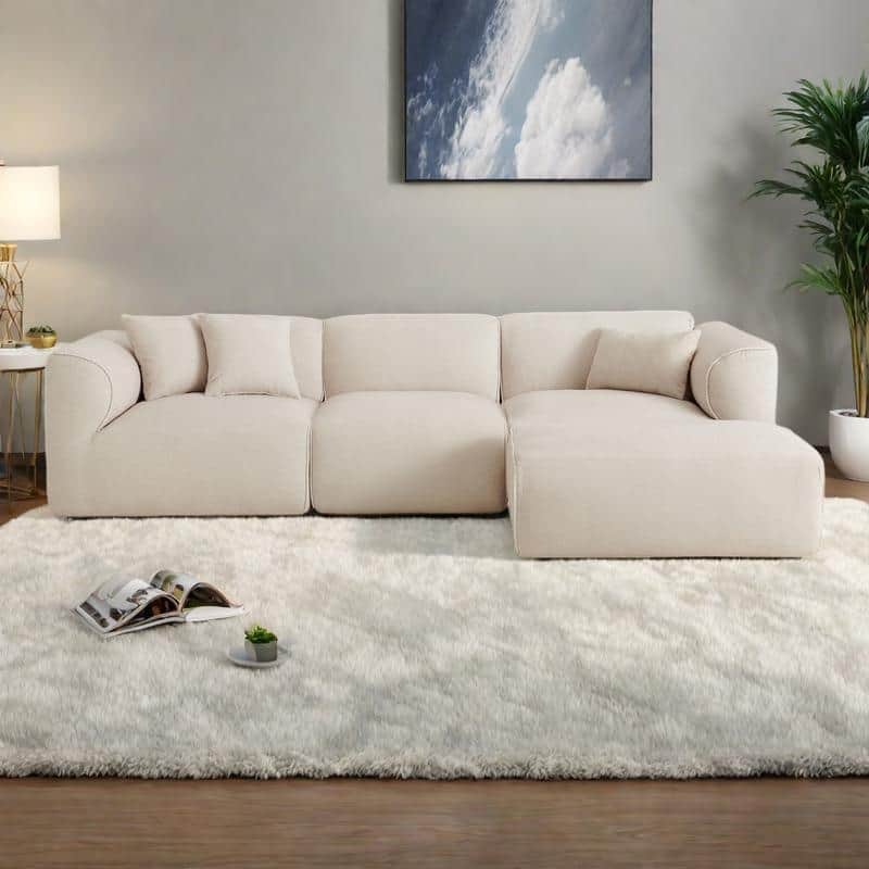 122.1" Double-Needle Velvet 4-Seater Sofa with Detachable Ottoman and 3 Throw Pillows