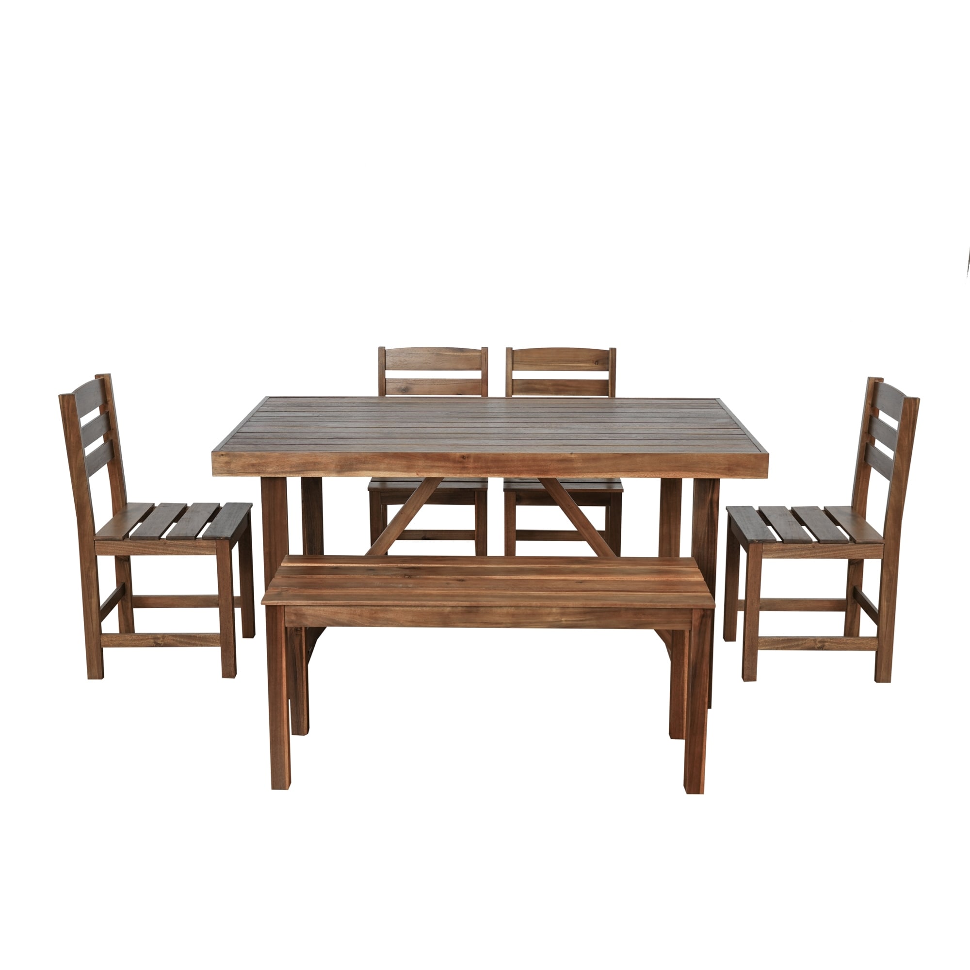 Acacia Wood Outdoor Dining Set - 1 Table, 1 Bench, 4 Chairs for Patio