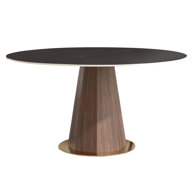 Modern Style Round Stone Table Top Walnut Pedestal Dining Table