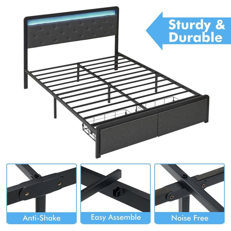 Bed Frame with LED Light and 2 Storage Drawers