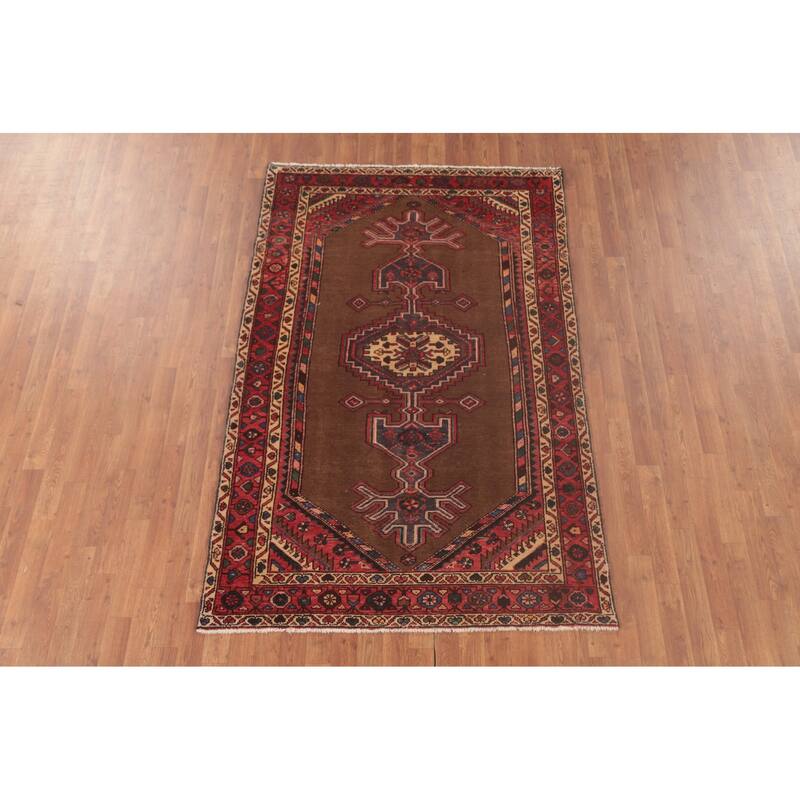 Brown Geometric Hamedan Vintage Persian Area Rug Handmade Wool Carpet - 4'6"x 7'1"