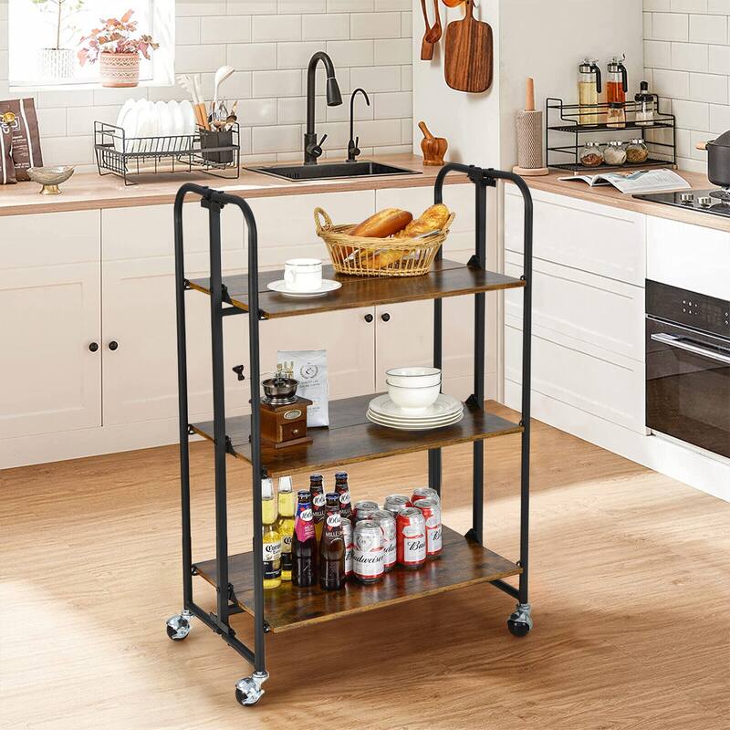 Gymax 3-Tier Folding Bar Cart Kitchen Serving Island Utility Cart