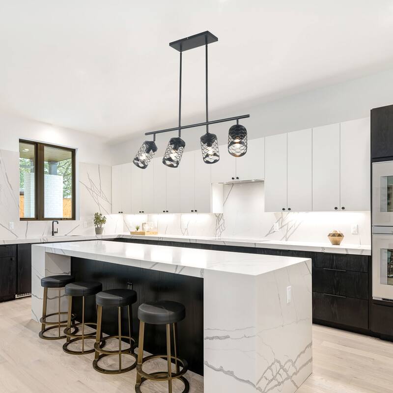 CurveCurio 30" Matte Black Modern Industrial Light w 4 Adjustable Heads for Kitchen Island and Dining Area - 27" * 10" * 40"
