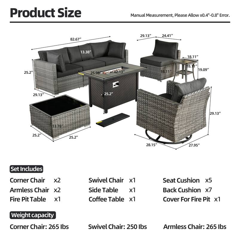 XIZZI 8-piece Patio Outdoor Wicker Furniture Swivel Chair Set with Firepit Table