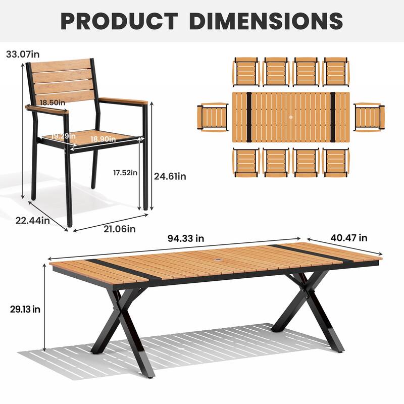 11-Piece Set Outdoor Aluminum Rectangular Dining Table with Umbrella Hole and Stackable Chairs