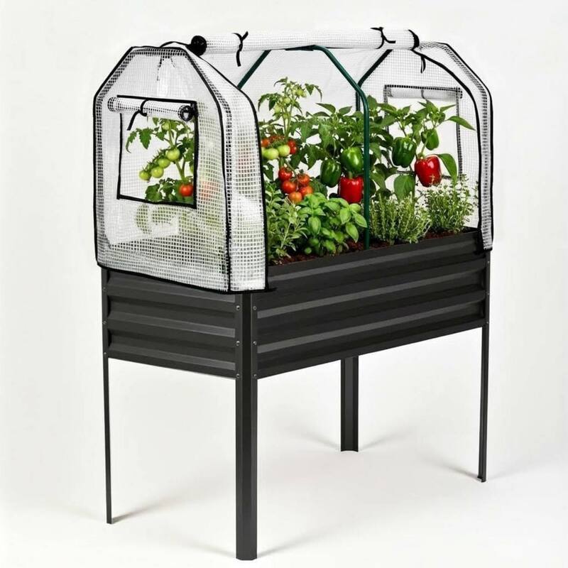 Raised Garden Bed with Greenhouse Cover, Built-in Spray Tube for Vegetables - Black