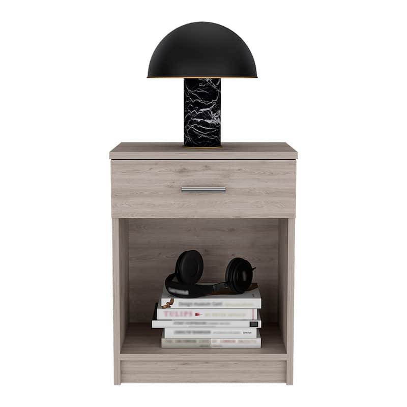 Modern Nightstand with Drawer and Shelf, Light Gray Finish, Durable Manufactured Wood, 21.73" Tall