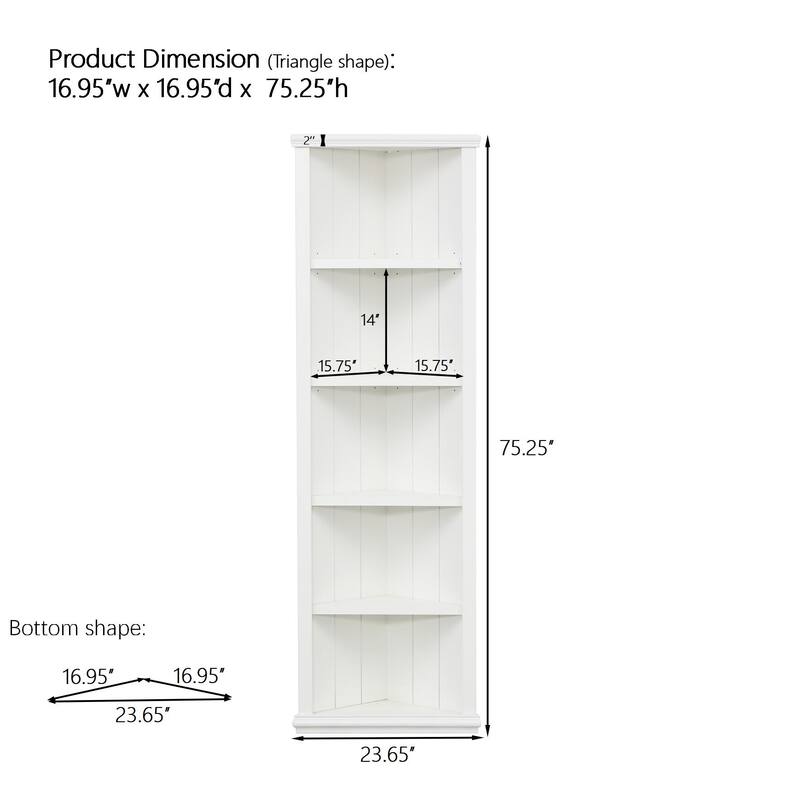 Roomfitters Set of 2 Triangle Bookshelves, 75.25'' Tall 5-Tier Display Bookcase for Hallways, Office and Living Room, White