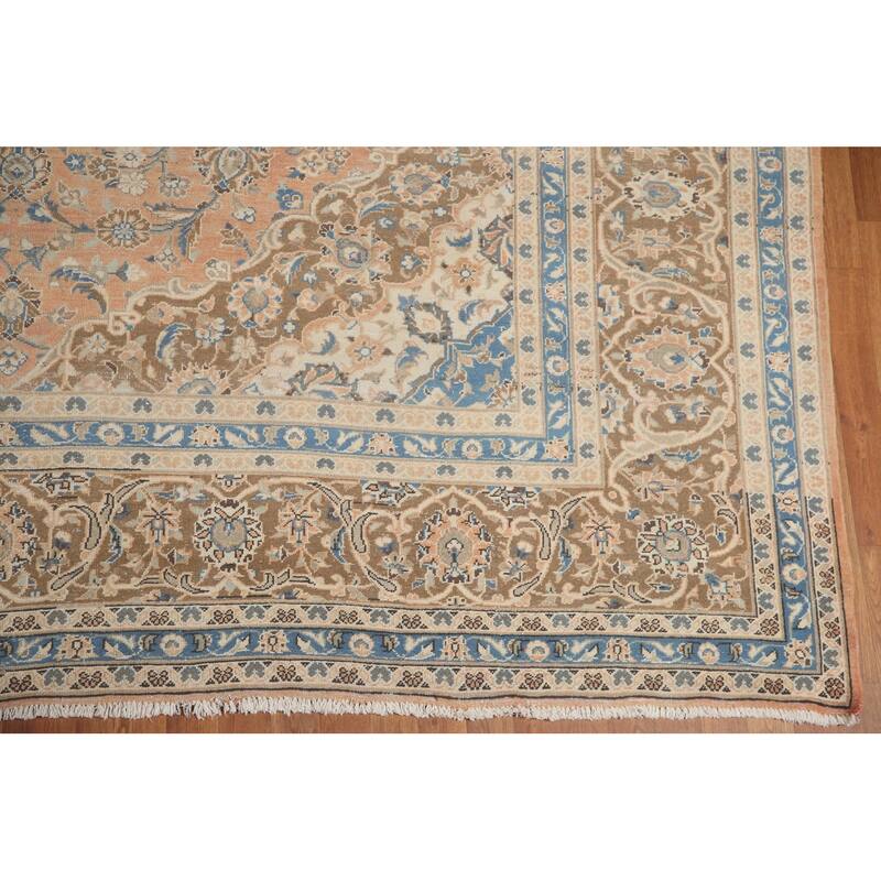 Hand Knotted Oriental 100% Wool Carpet Traditional Floral Pink Mashad Area Rug - 13' 2'' X 9' 9''