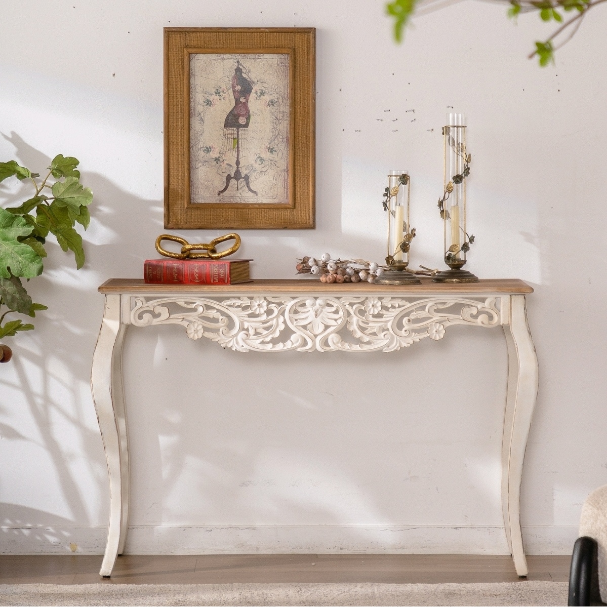43" French Country Carved Console Table Distressed Solid Wood Entry Table