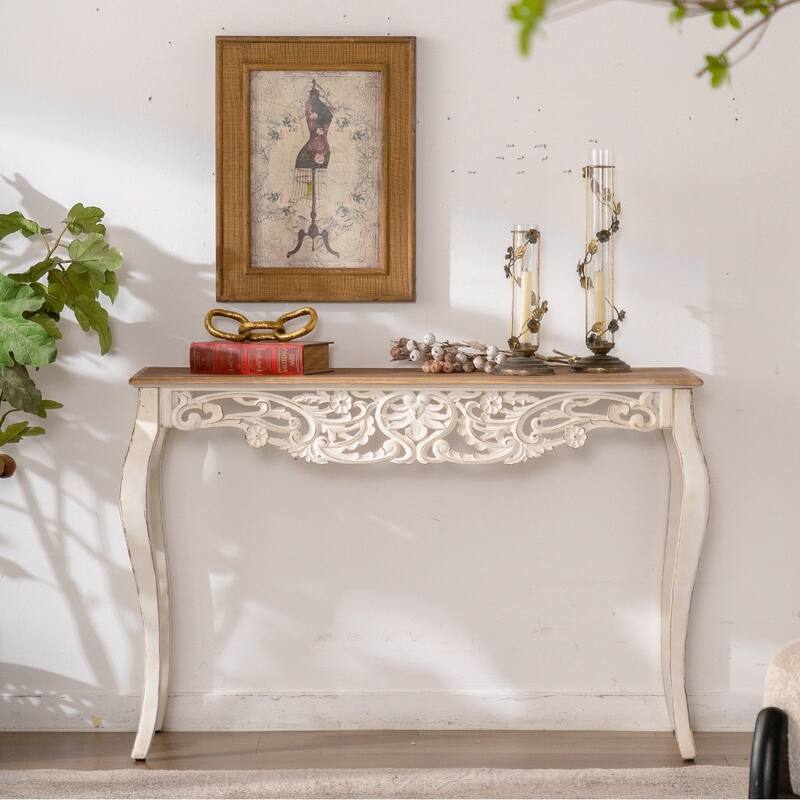 Antique White Console Table with Carved Details, Distressed Console Table,Entry Table with Wood Carvings and Curved Legs - Natural Wood