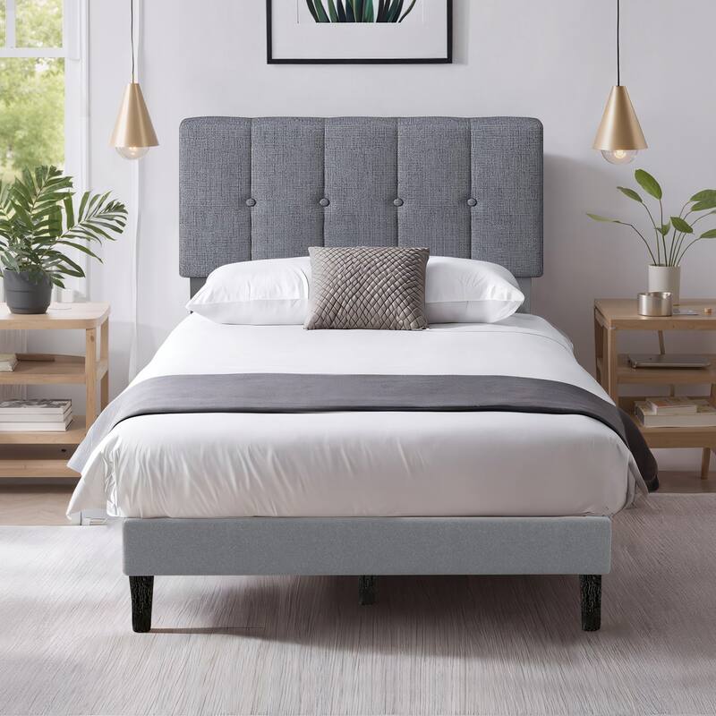 Twin Bed Frame Upholstered Platform with Headboard and Strong Wooden Slats,No Box Spring Needed, Easy Assembly