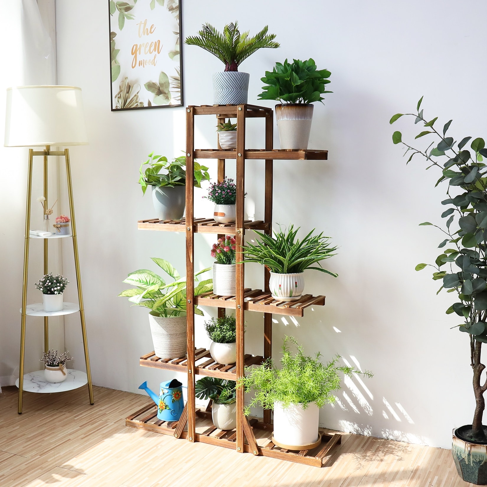 6 Tier Ladder Plant Stand, Natural Pine Wood, Rectangular - On