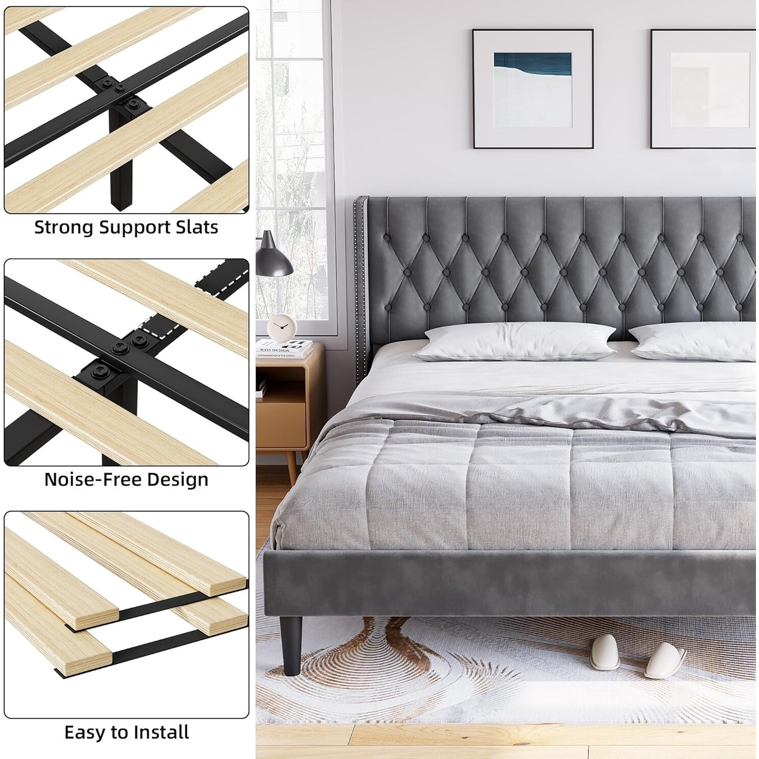 King Size Bed Frame, Modern Velvet Upholstered Platform Bed