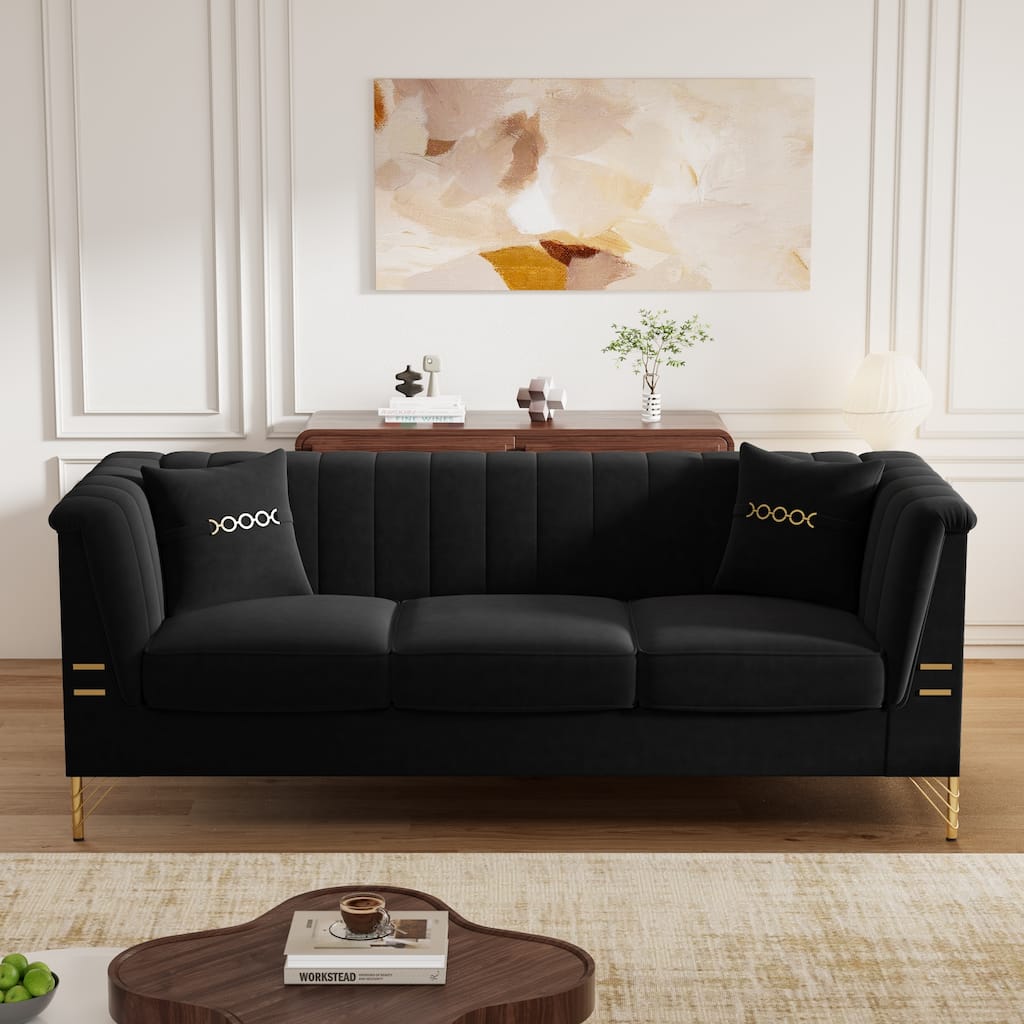 82.67" Modern Velvet 3-Seater Sofa, Vertical Channel Tufted Backrest, Gold Metal Legs, Chesterfield Style