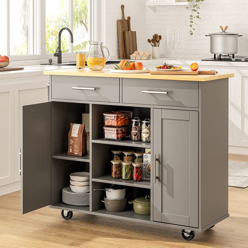Rolling Kitchen Island with Storage Cabinet & Drawers - Rubber Wood Top for Dining & Kitchen Storage - Grey