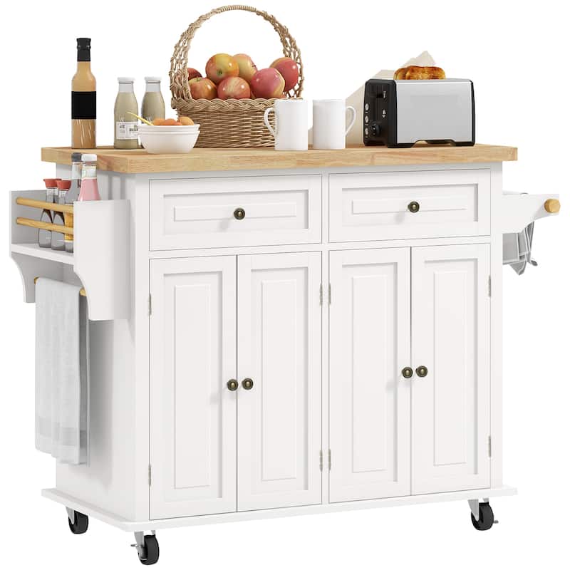 HOMCOM Kitchen Island on Wheels, Rolling Cart with Rubberwood Top, Spice Rack