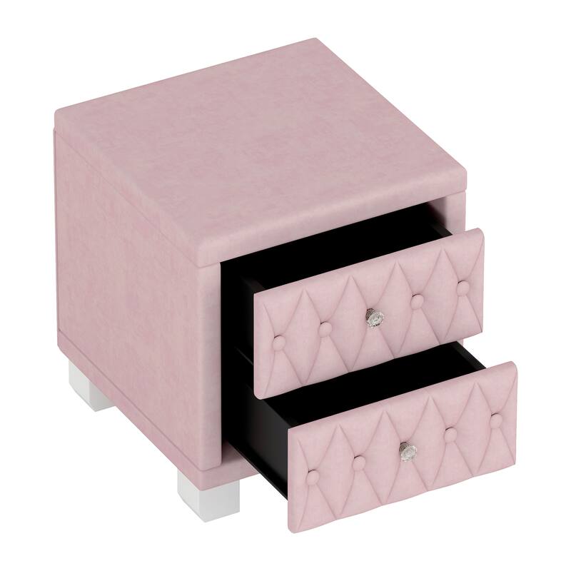 Elegant Velvet 2-Drawer Nightstand with Crystal Handles - Button-Tufted Storage Bedside Table (Pink)