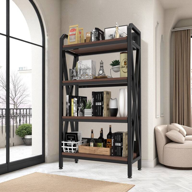 4-Tier Kitchen Storage Rack with Black Metal Frame and Brown Wooden Shelves Perfect for Pantry - 33.5”L x 15.8”W x 55.1”H