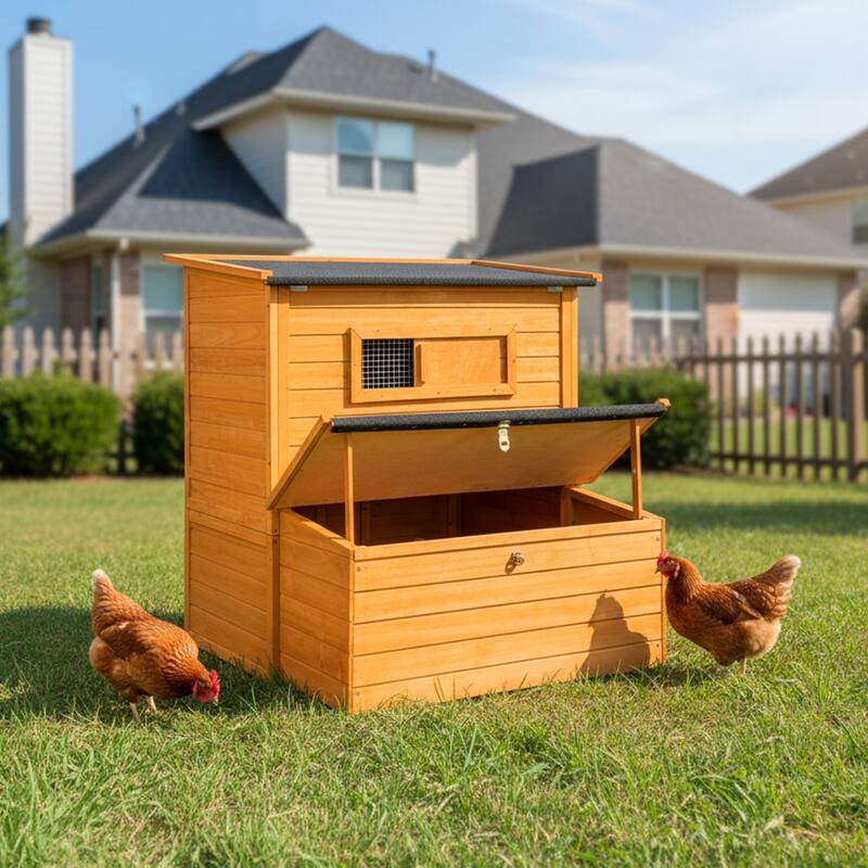 Chicken Coop, Double-House Wooden Chicken Coop For 6-8 Chickens With 3 Nesting Boxes And 2 Pull-Out Trays, A Foldable Ramp