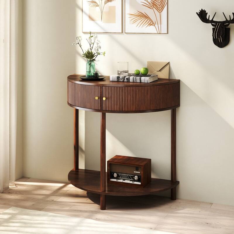Half Moon Rattan Console Table - Curved Entryway Table with 2 Drawers and Shelf
