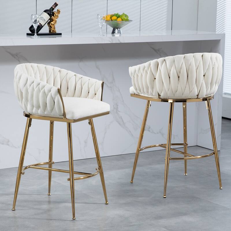 (Set of 1) 26" Velvet Counter Height Bar Stool with Wave Back, Golden Chrome Base and Footrest