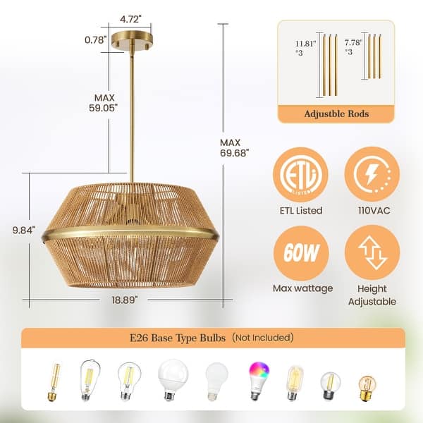 dimension image slide 1 of 2, Handmade Hemp Rope Chandelier 5-Light Ceiling Hanging Light