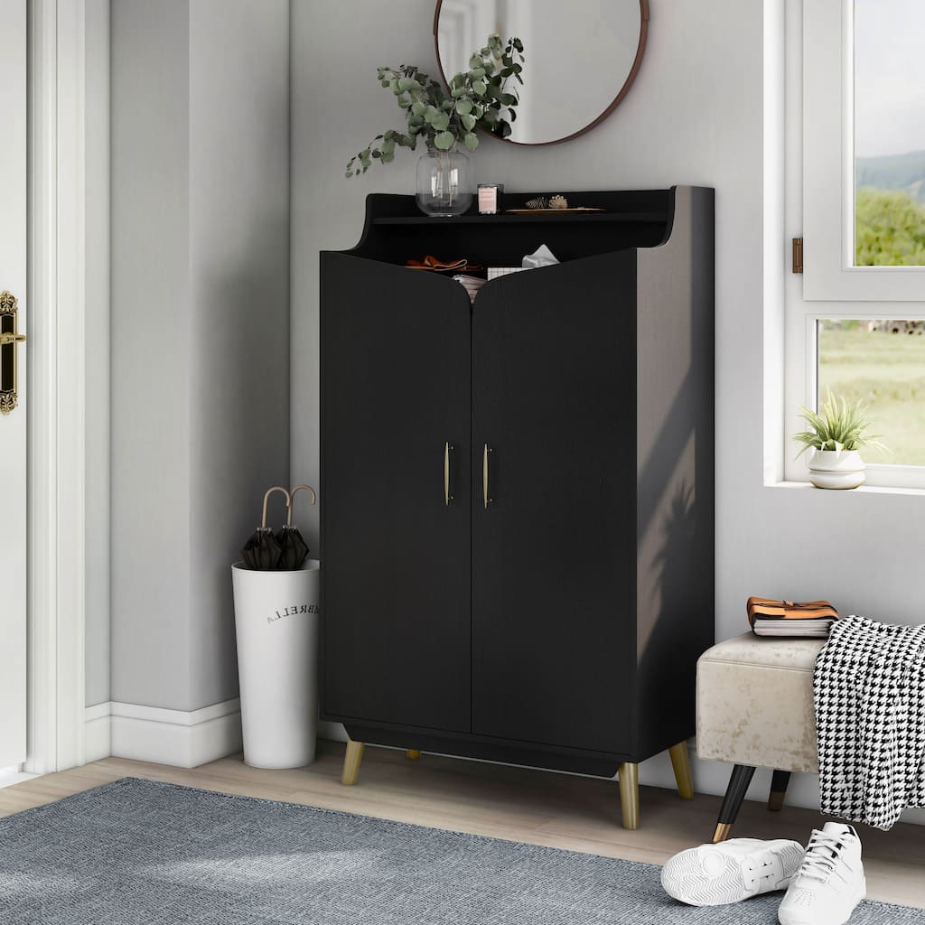 DH BASIC Chic Mid-Century Modern Black with Gold 15-Pair Double-Door Shoe Cabinet by Denhour