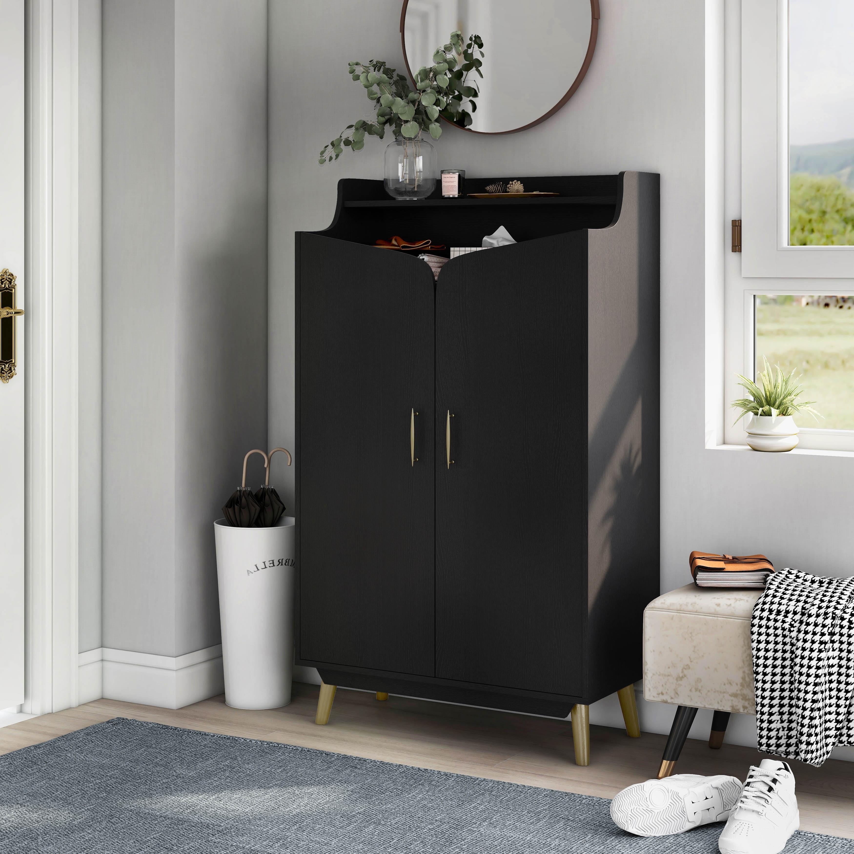 DH BASIC Chic Mid-Century Modern Black with Gold 15-Pair Double-Door Shoe Cabinet by Denhour