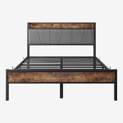 Full Size Bed Frame, Storage Headboard with Charging Station, No Box Spring Needed, Vintage Brown and Gray