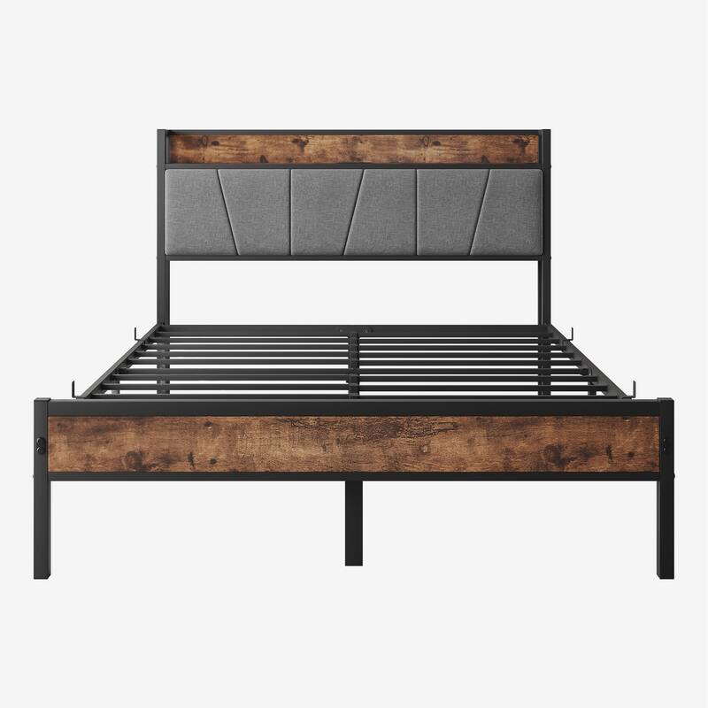 Modern Upholstered Twin/Full/Queen Bed with USB Ports & Outlets, Storage Headboard, Easy Assembly