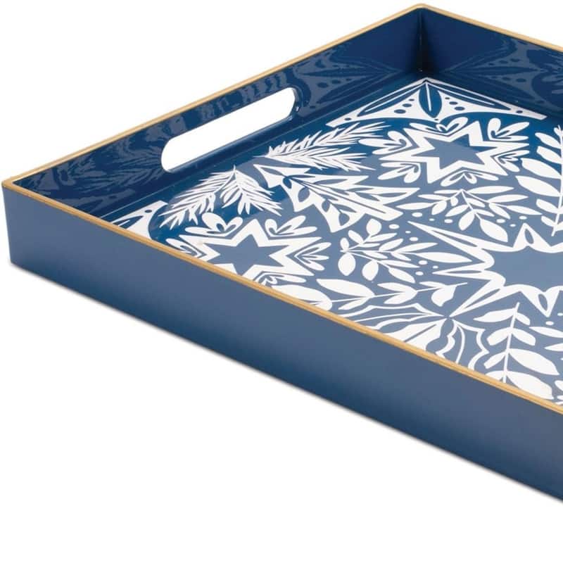HomeRoots 16" Blue And White Geometric Star And Trees Serving Tray With Handles - 15.75 in. x 1.75 in. x 12 in.